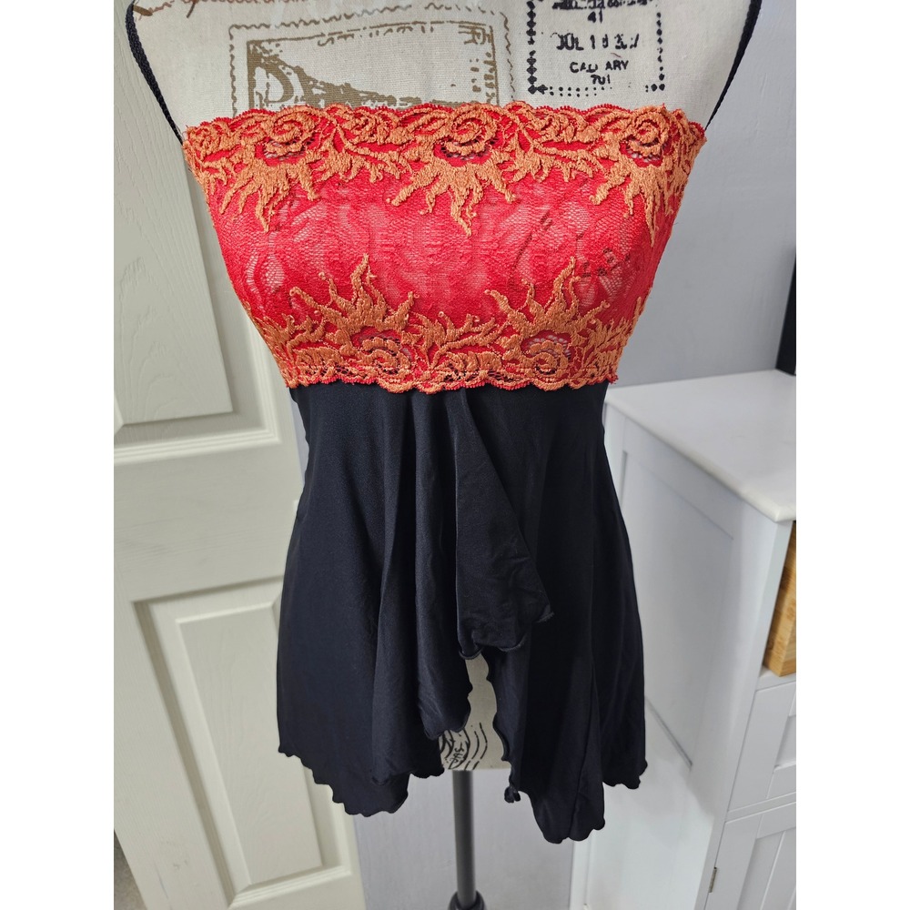 Coquette Red Black Lace Strapless Babydoll Chemise Lingerie Gold Embroidery O/S